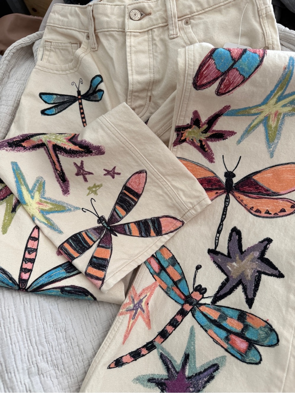 We The Free Cream Bootcut Jeans with Colorful Dragonfly & Star Embroidery - Picture 6 of 13